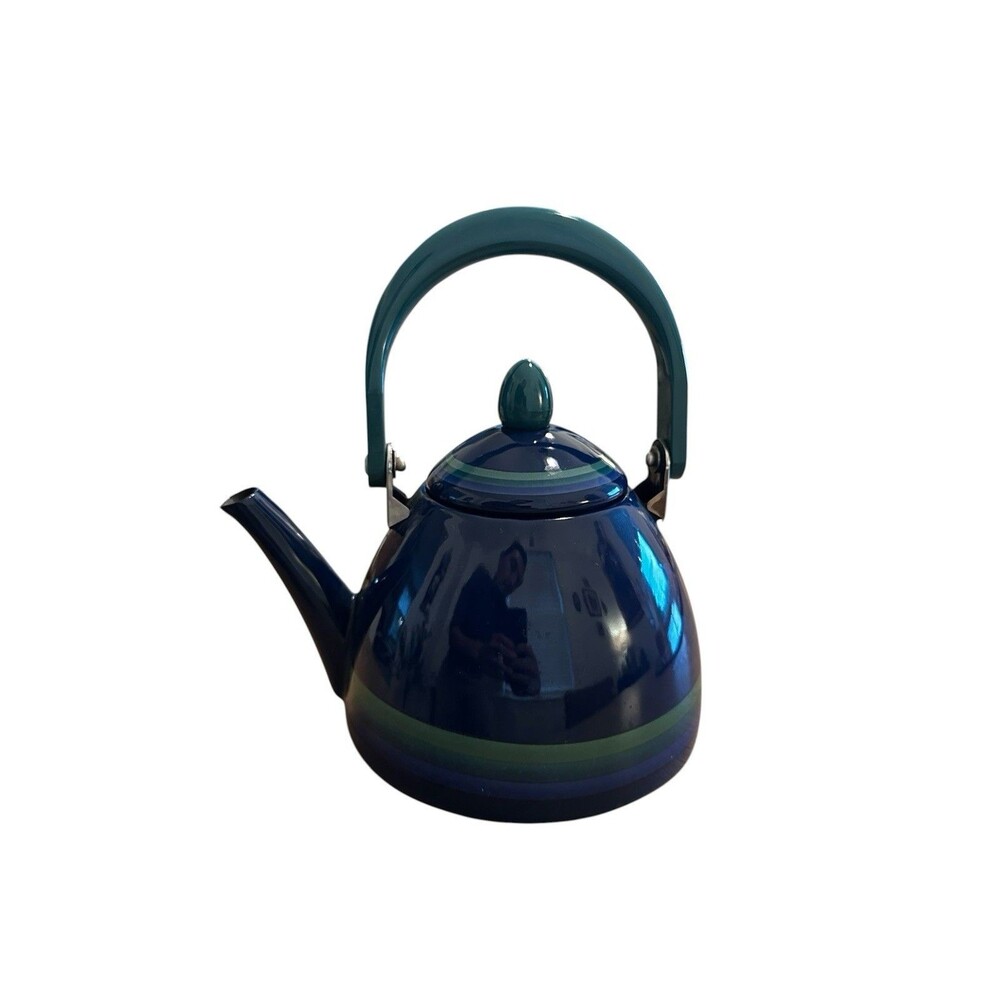 Pfaltzgraff OCEAN BREEZE Enamel Tea Kettle Blue Green Stripes Vintage Teapot